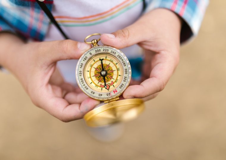 A closeup of a person's hands holding a gold-coloured compass