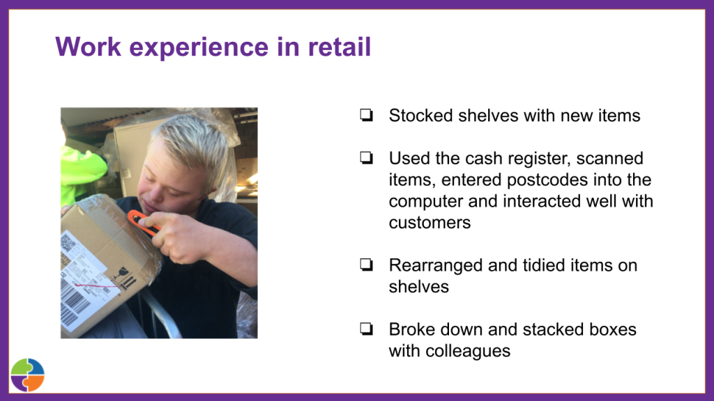 Example page of a visual resume showing a young man opening a box with a box cutter alongside details of his retail work experience.