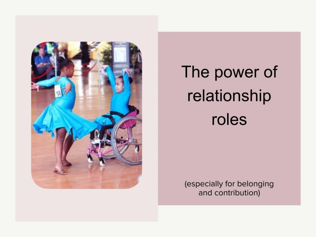 Two young ballet dancers, one in a wheelchair, practise their dance. Words on the slide say "The power of relationship roles (especially for belonging and contribution).