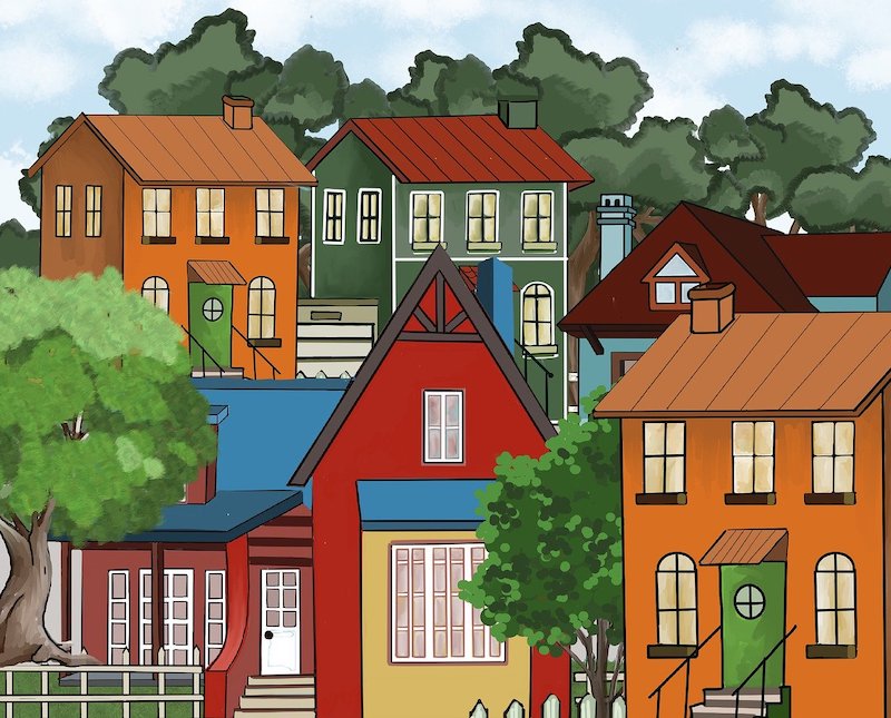 Hand-drawn houses in a neighbourhood